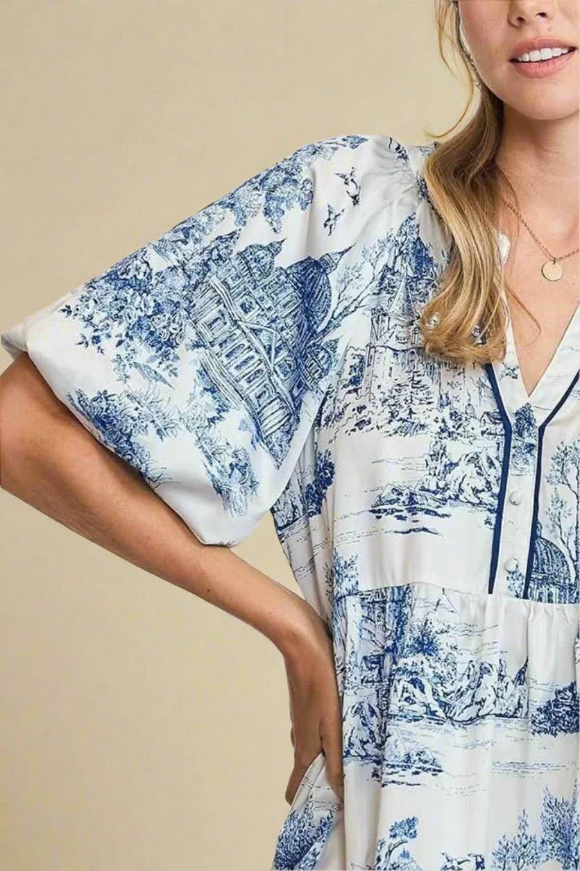 Blue Toile Tiered Dress Merrick Cole Boutique Blue Toile Tiered Dress Merrick Cole Boutique